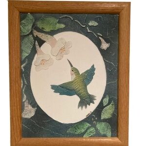Wooden Framed Hummingbird feeding on white trumpet flower etched painting GUC
